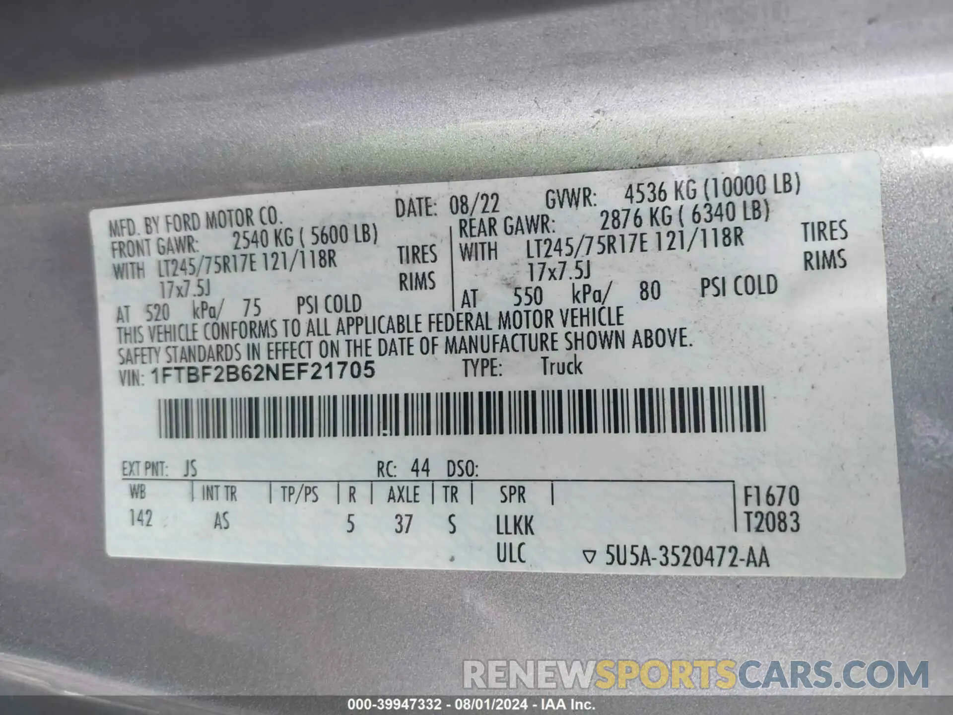 9 fotografías del automóvil dañado 1FTBF2B62NEF21705 FORD F-250 2022