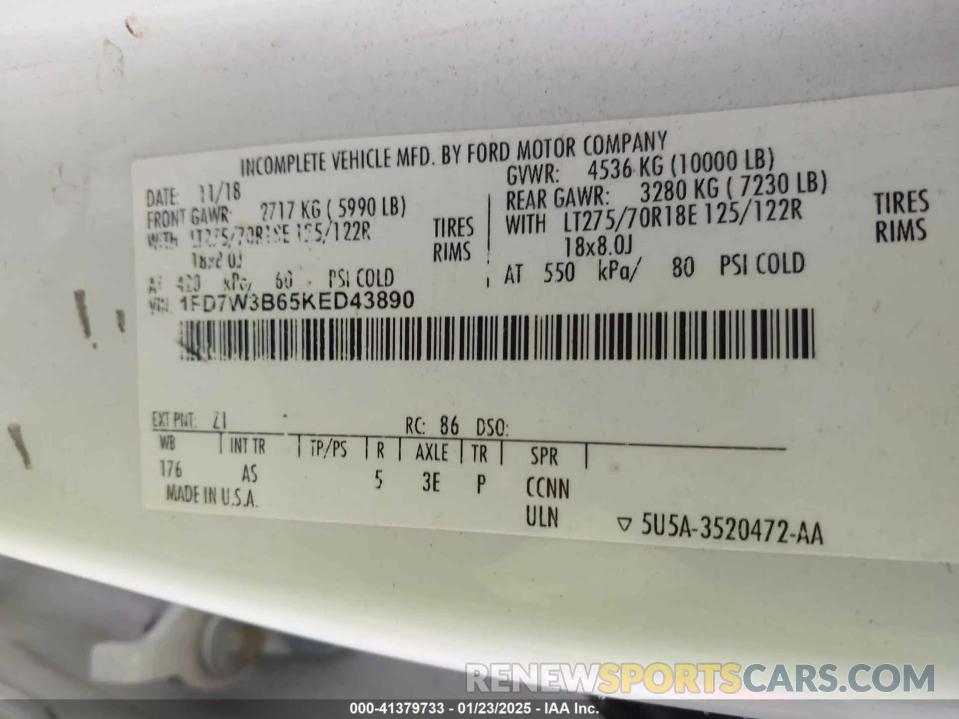 9 fotografías del automóvil dañado 1FD7W3B65KED43890 FORD F-350 2019