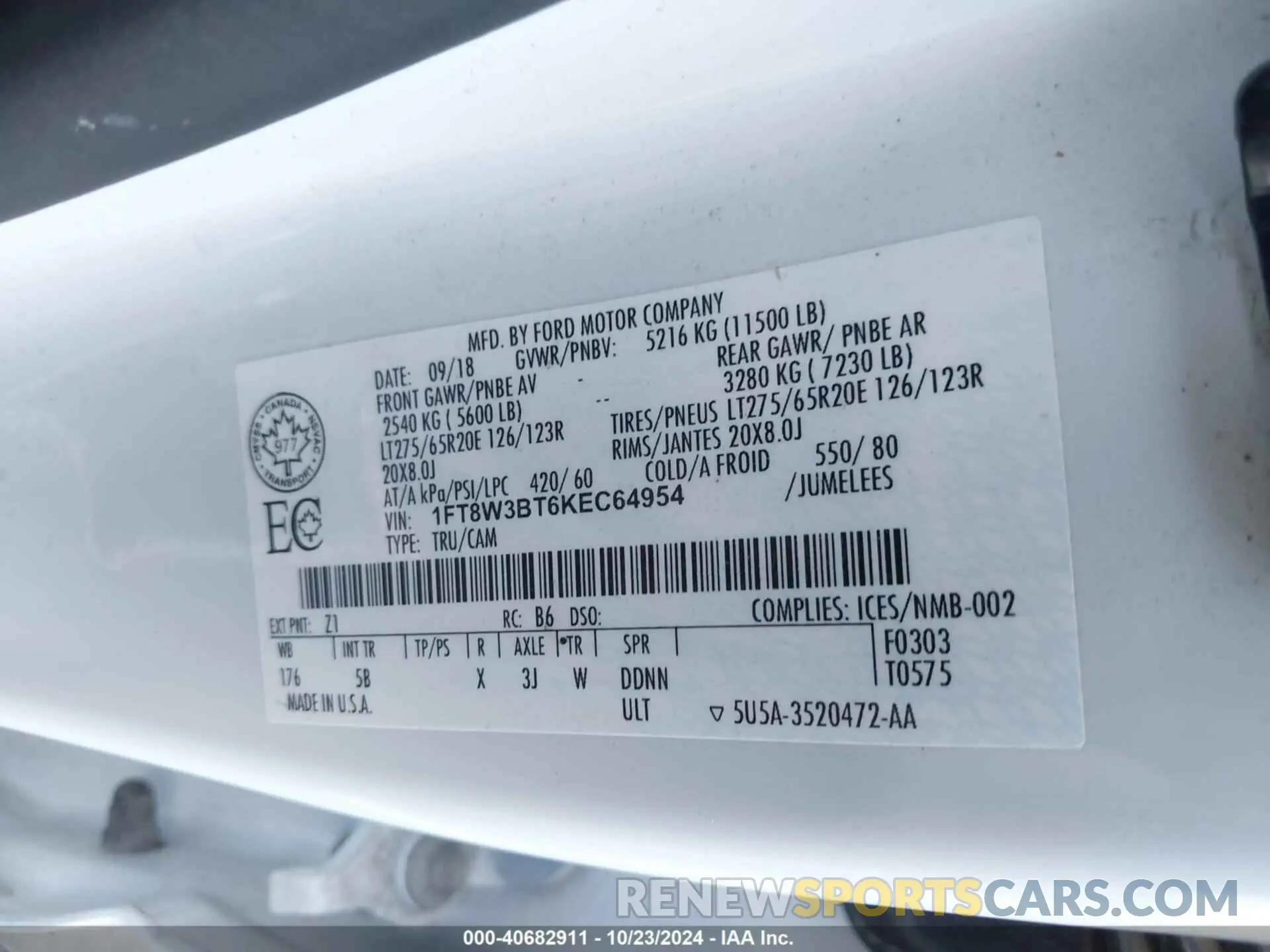 8 fotografías del automóvil dañado 1FT8W3BT6KEC64954 FORD F-350 2019
