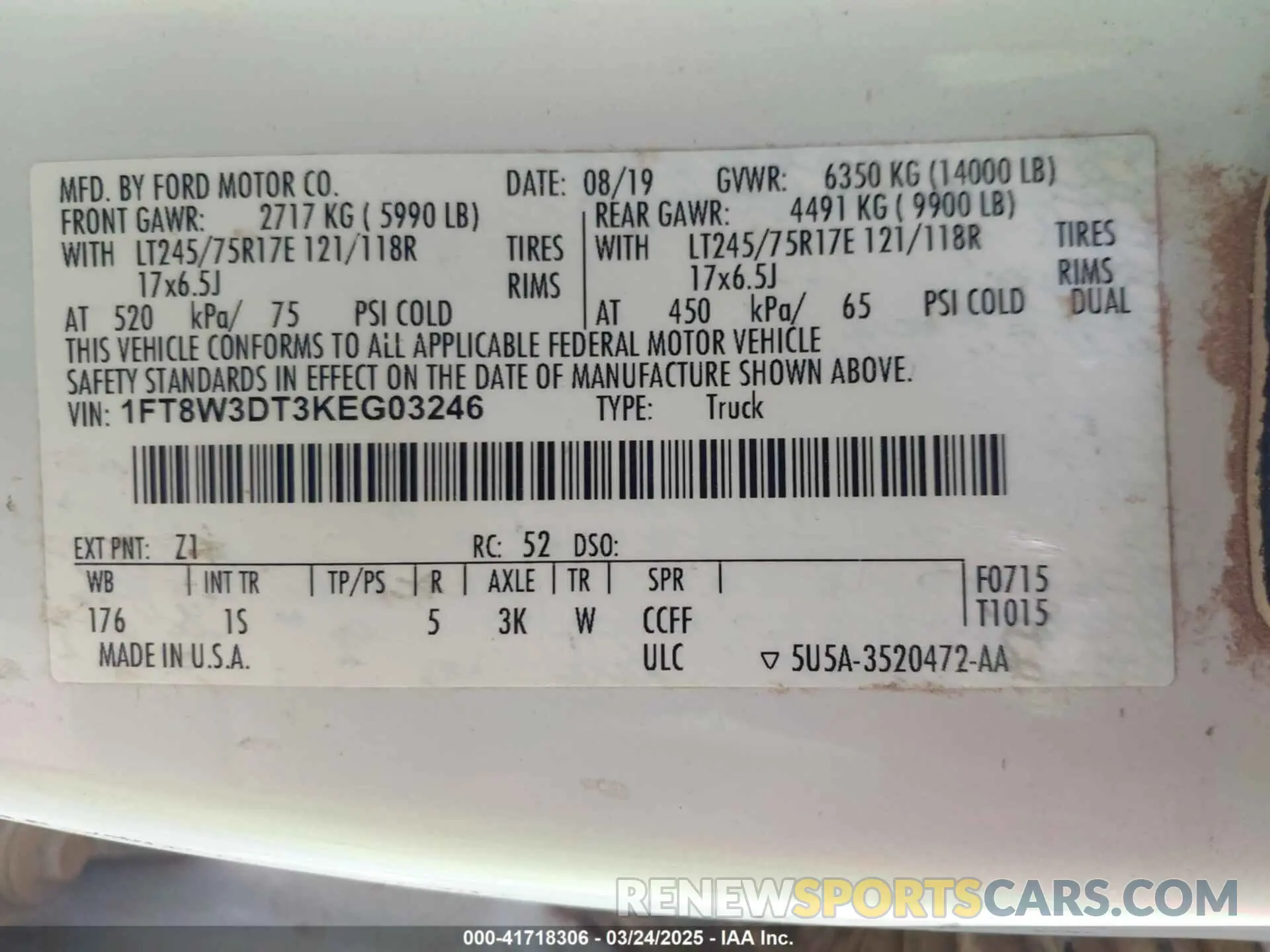 8 fotografías del automóvil dañado 1FT8W3DT3KEG03246 FORD F-350 2019
