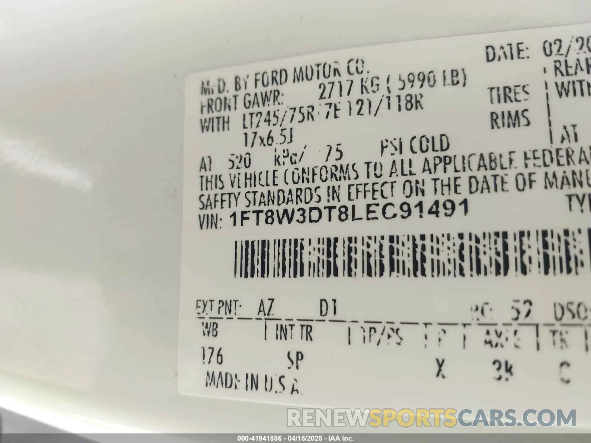 8 fotografías del automóvil dañado 1FT8W3DT8LEC91491 FORD F-350 2020