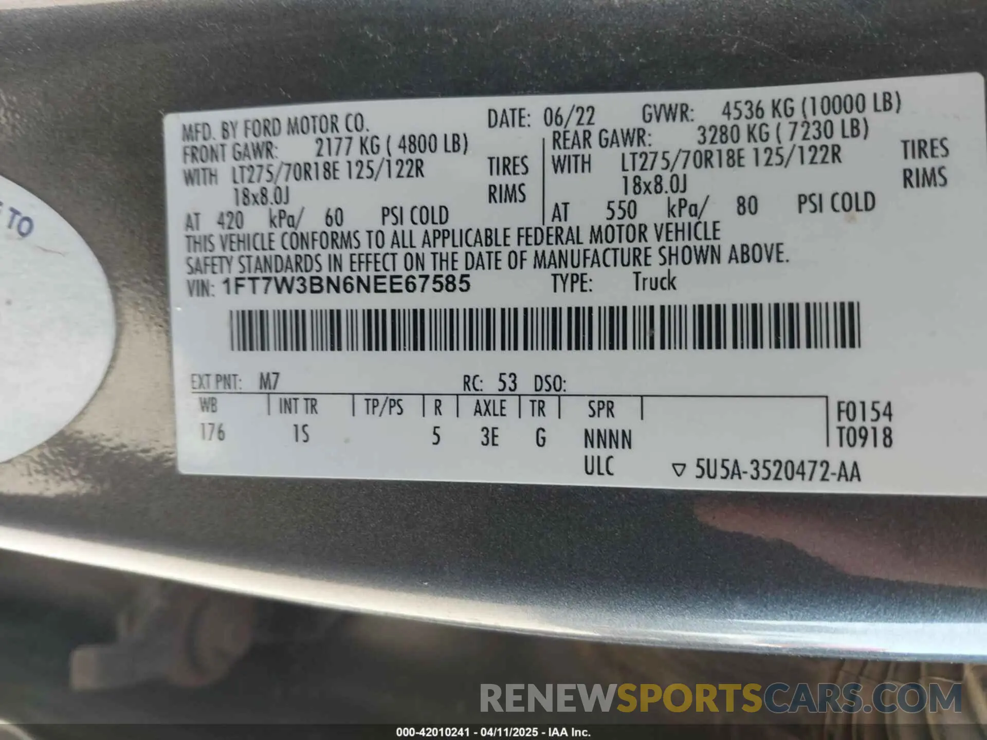9 fotografías del automóvil dañado 1FT7W3BN6NEE67585 FORD F-350 2022