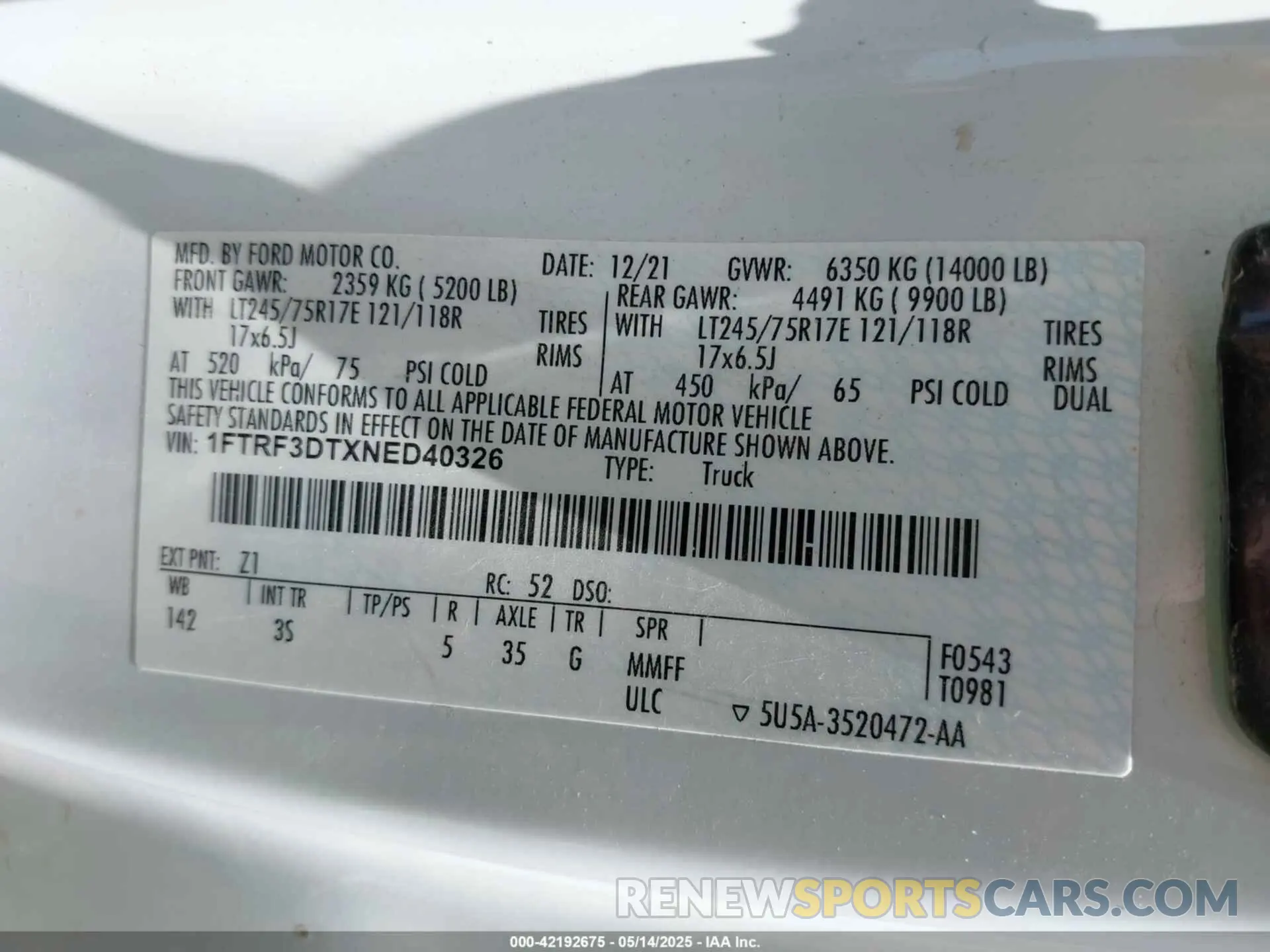 8 fotografías del automóvil dañado 1FTRF3DTXNED40326 FORD F-350 2022