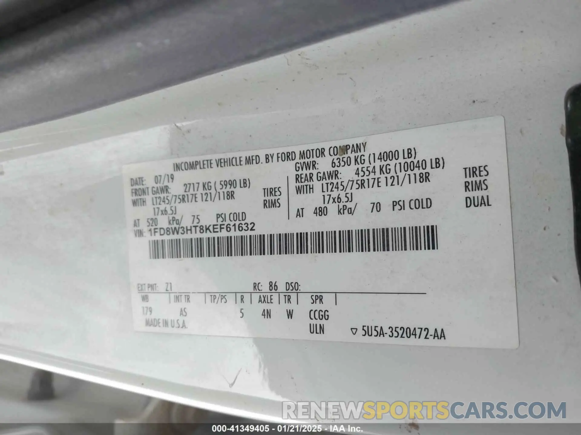 9 fotografías del automóvil dañado 1FD8W3HT8KEF61632 FORD F-350 CHASSIS 2019