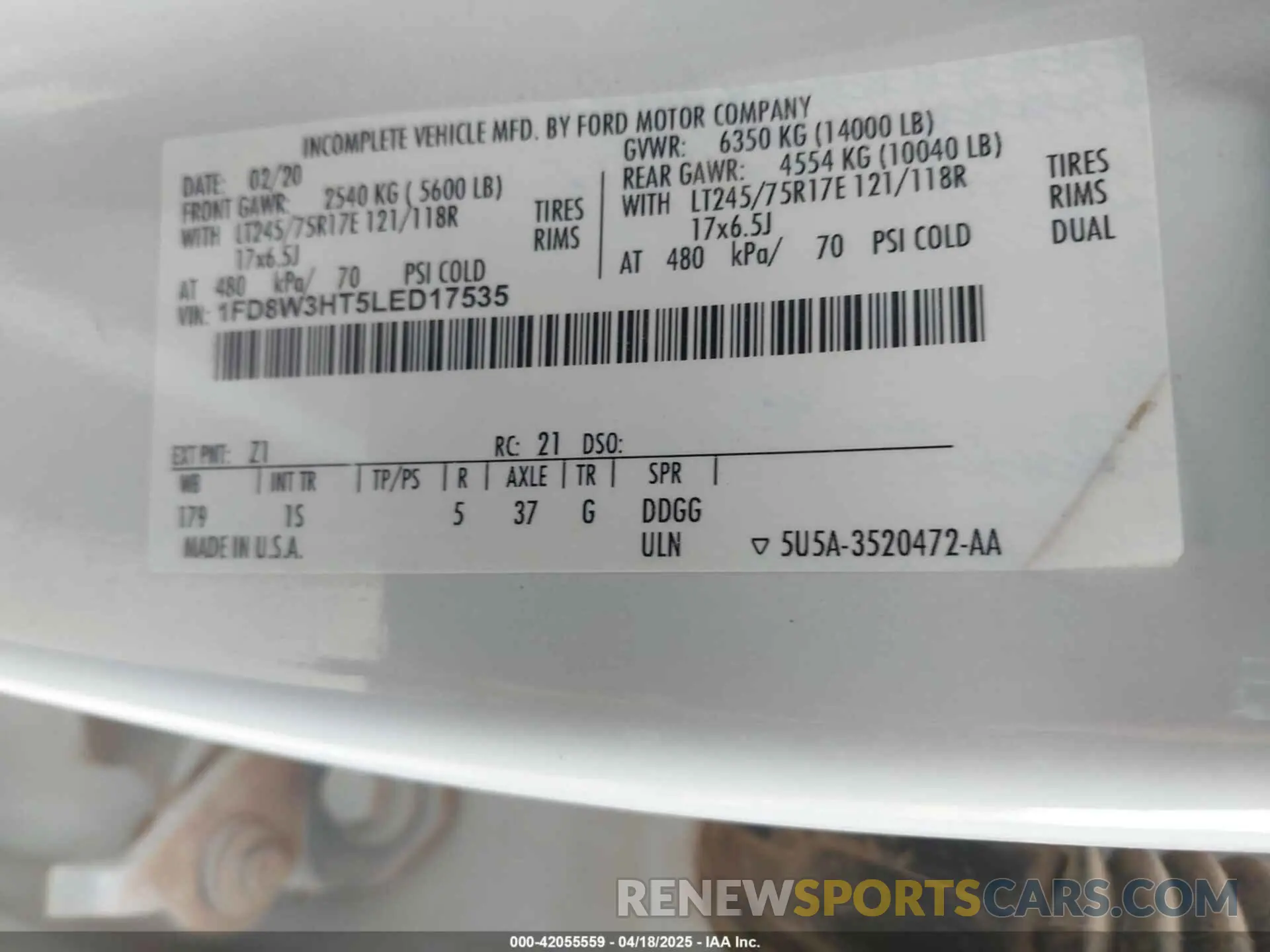 8 fotografías del automóvil dañado 1FD8W3HT5LED17535 FORD F-350 CHASSIS 2020