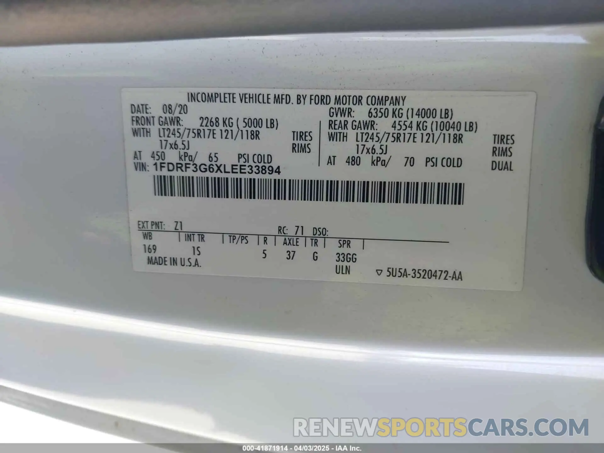 8 fotografías del automóvil dañado 1FDRF3G6XLEE33894 FORD F-350 CHASSIS 2020
