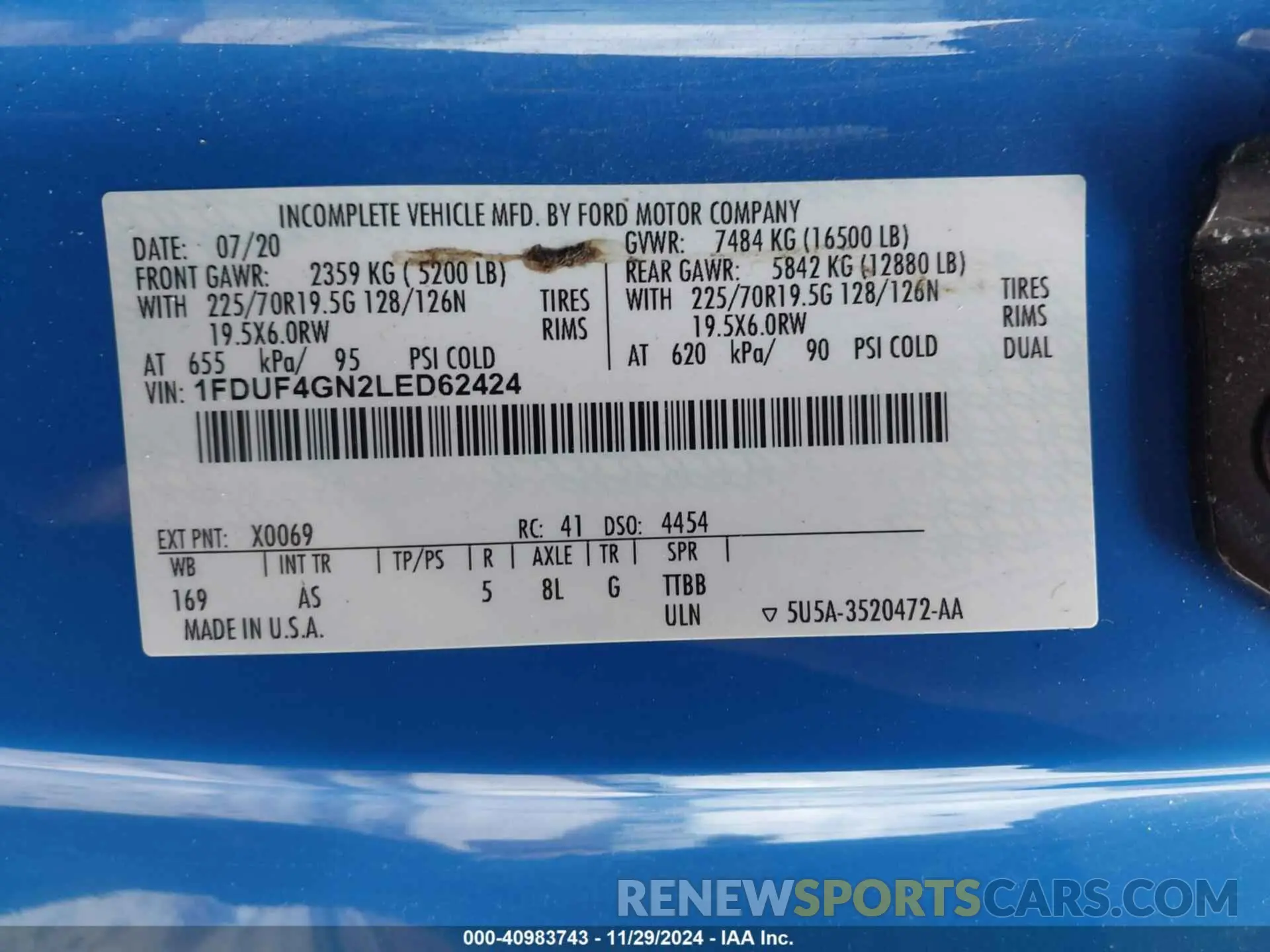 8 fotografías del automóvil dañado 1FDUF4GN2LED62424 FORD F-450 CHASSIS 2020