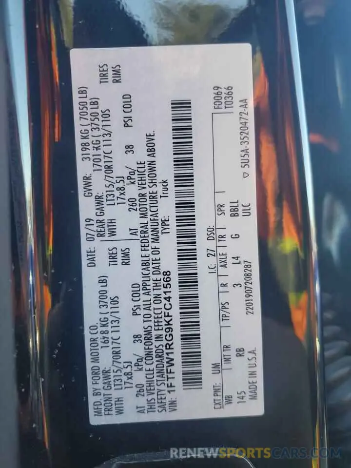 12 fotografías del automóvil dañado 1FTFW1RG9KFC41568 FORD F150 2019