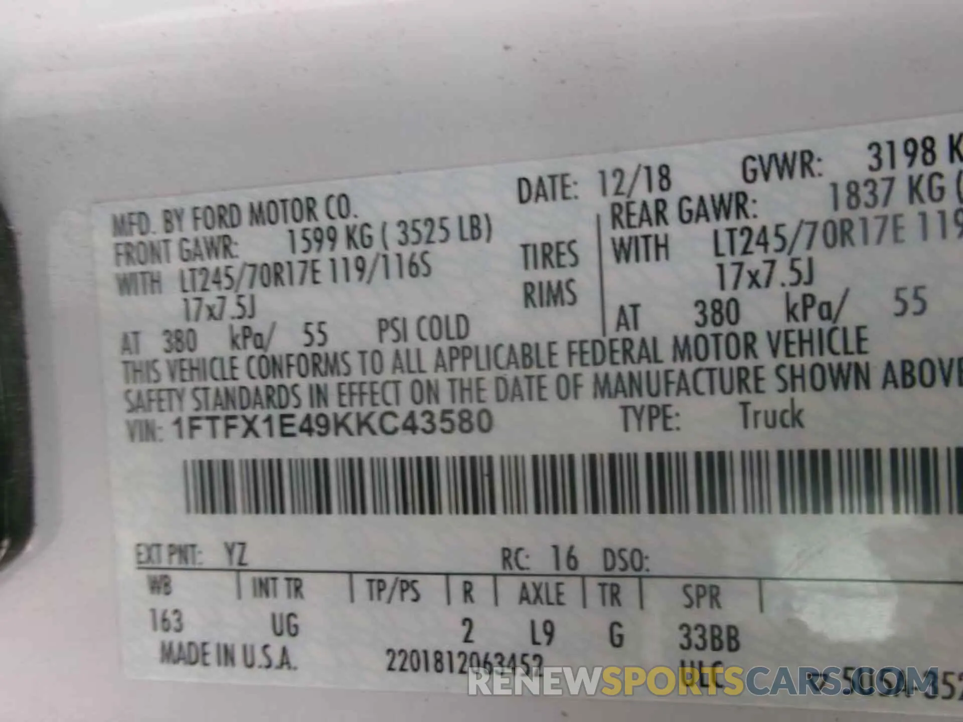 14 fotografías del automóvil dañado 1FTFX1E49KKC43580 FORD F150 2019