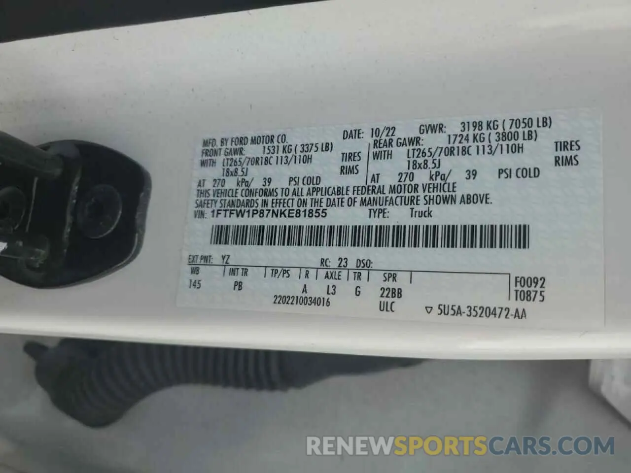 12 fotografías del automóvil dañado 1FTFW1P87NKE81855 FORD F150 2022