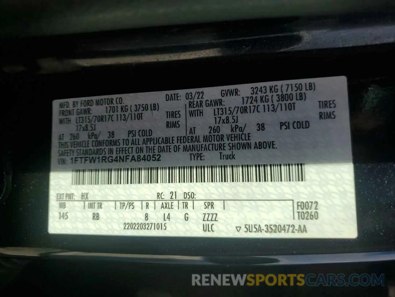 12 fotografías del automóvil dañado 1FTFW1RG4NFA84052 FORD F150 2022