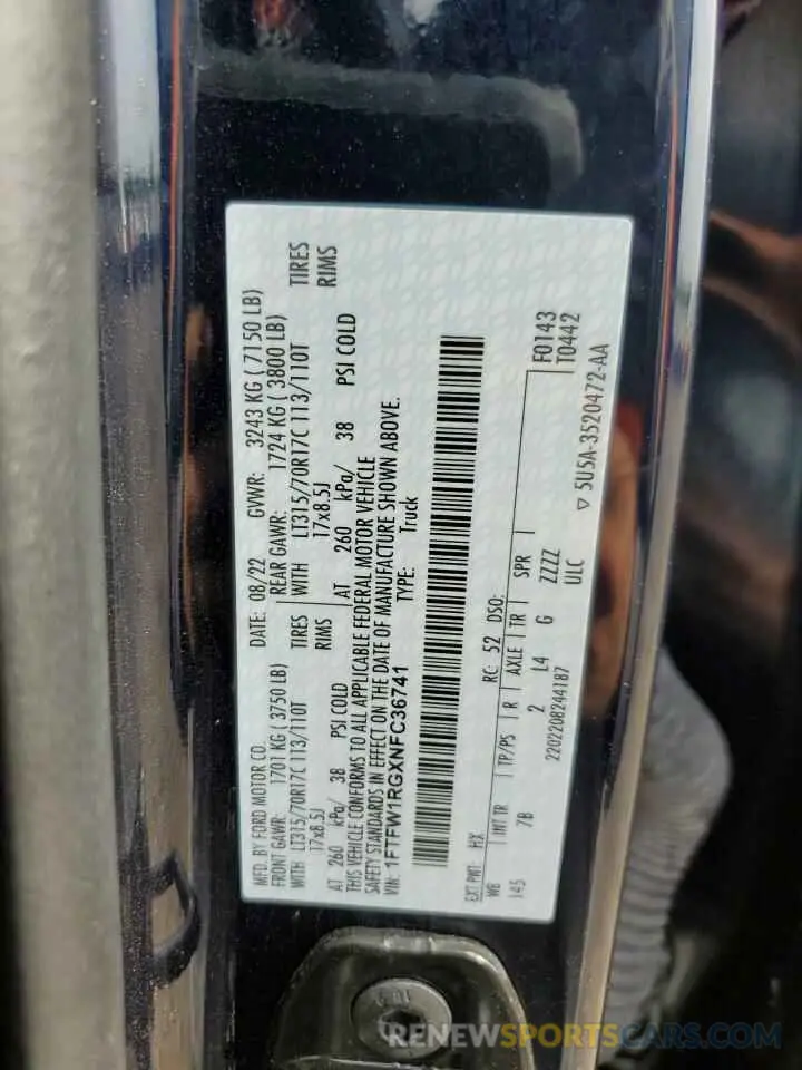 13 fotografías del automóvil dañado 1FTFW1RGXNFC36741 FORD F150 2022
