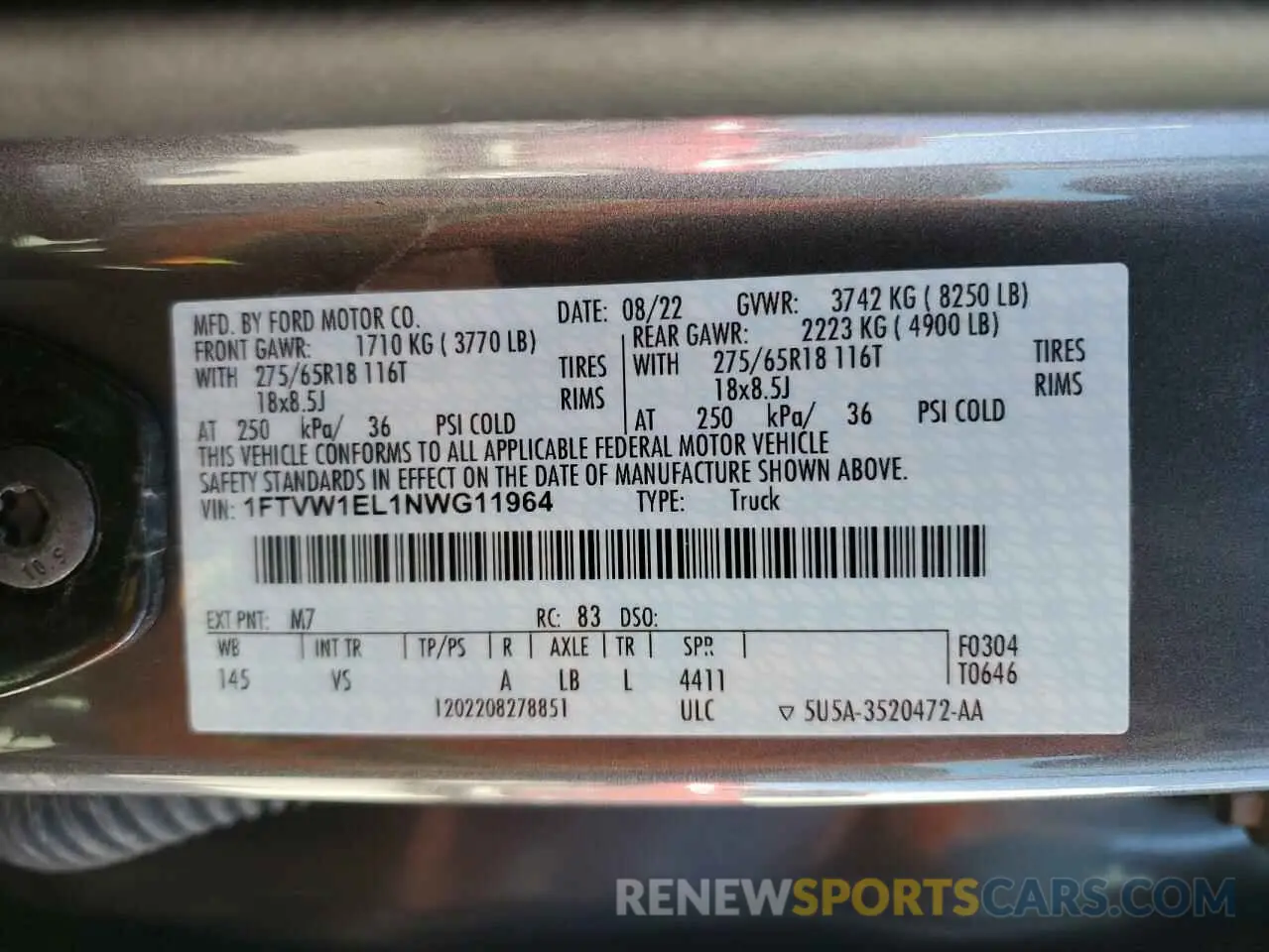 12 fotografías del automóvil dañado 1FTVW1EL1NWG11964 FORD F150 LIGHT 2022