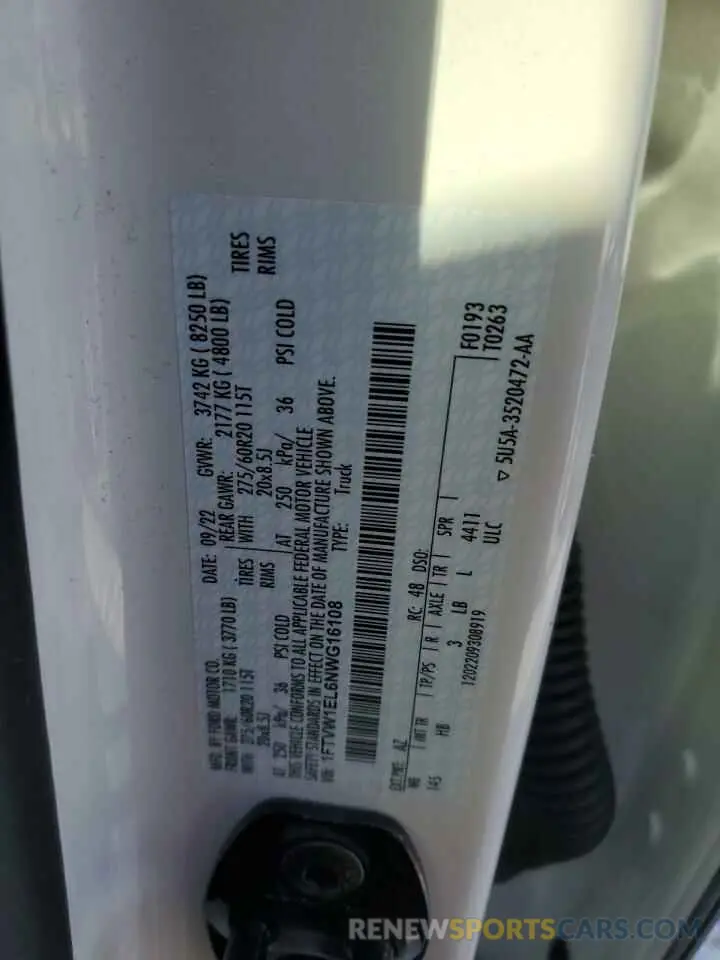 12 fotografías del automóvil dañado 1FTVW1EL6NWG16108 FORD F150 LIGHT 2022