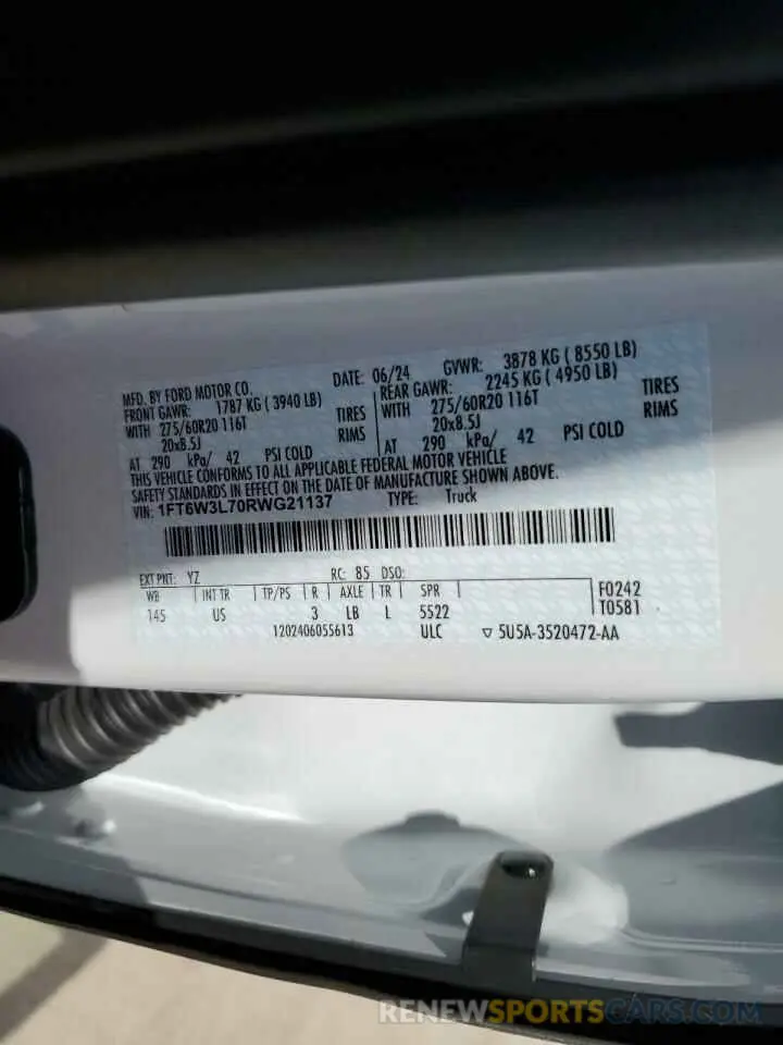 15 fotografías del automóvil dañado 1FT6W3L70RWG21137 FORD F150 LIGHT 2024