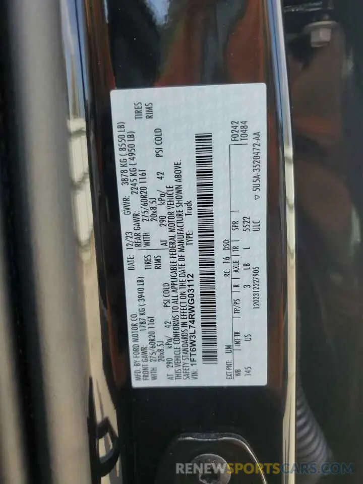 13 fotografías del automóvil dañado 1FT6W3L74RWG03112 FORD F150 LIGHT 2024