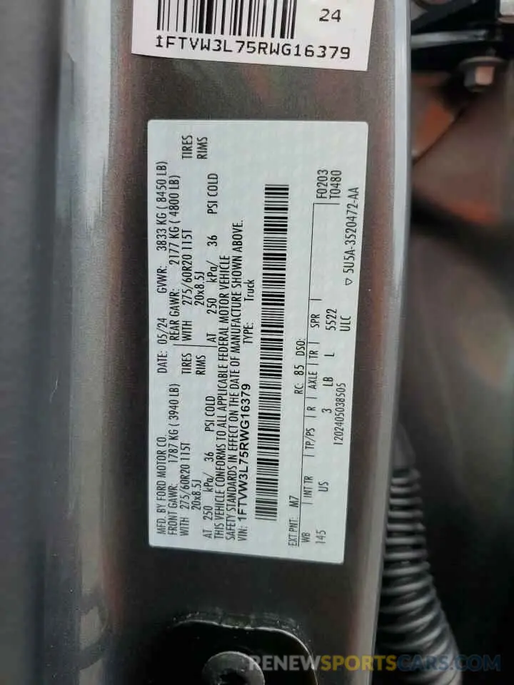12 fotografías del automóvil dañado 1FTVW3L75RWG16379 FORD F150 LIGHT 2024