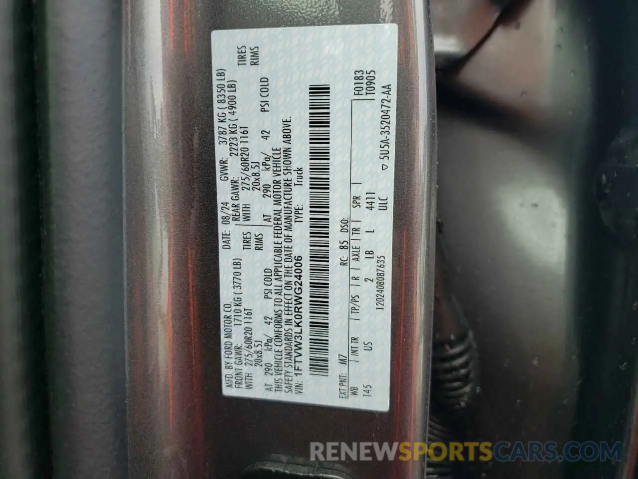 13 fotografías del automóvil dañado 1FTVW3LK0RWG24006 FORD F150 LIGHT 2024