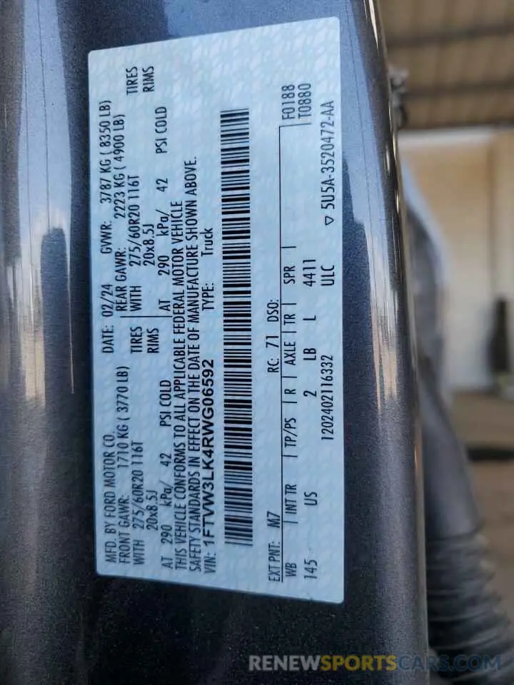 13 fotografías del automóvil dañado 1FTVW3LK4RWG06592 FORD F150 LIGHT 2024