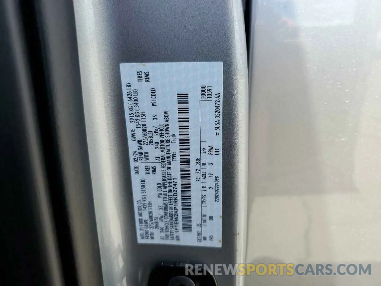 12 fotografías del automóvil dañado 1FTEW2KP1RKD27471 FORD F150 STX 2024