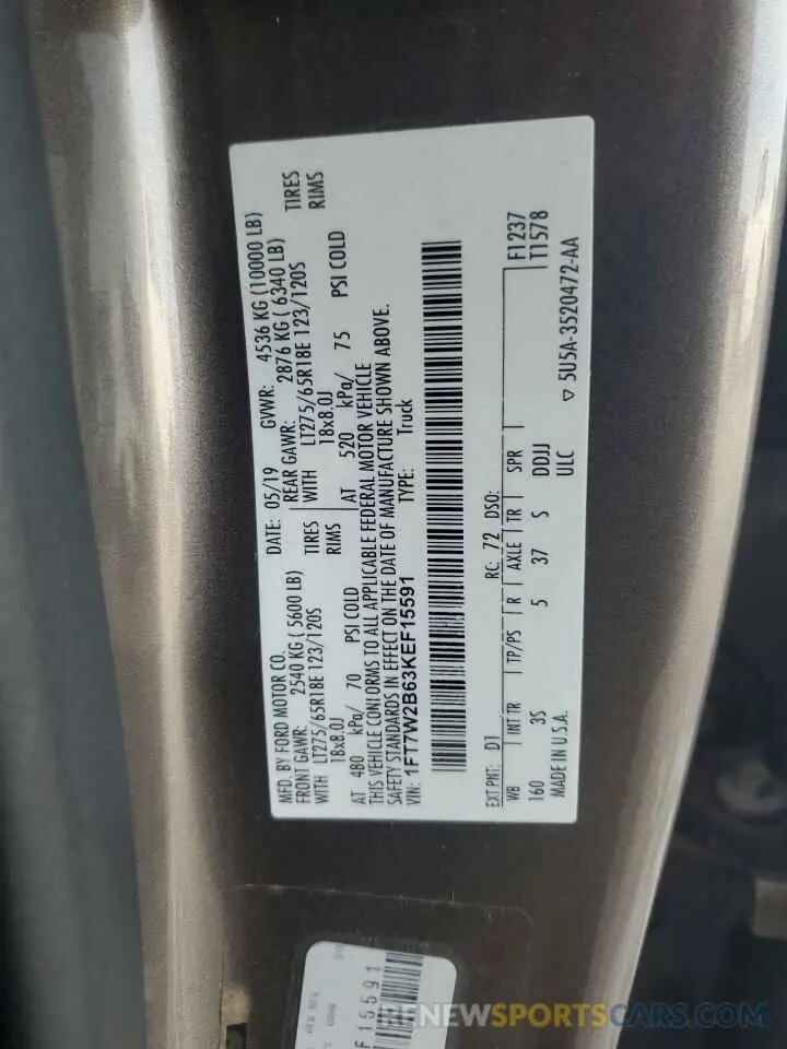 12 fotografías del automóvil dañado 1FT7W2B63KEF15591 FORD F250 2019