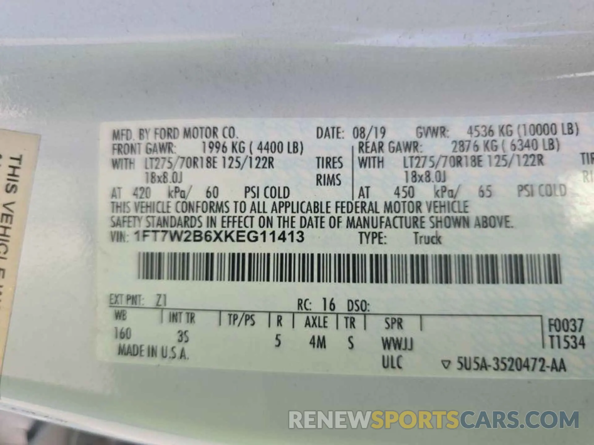 5 fotografías del automóvil dañado 1FT7W2B6XKEG11413 FORD F250 2019