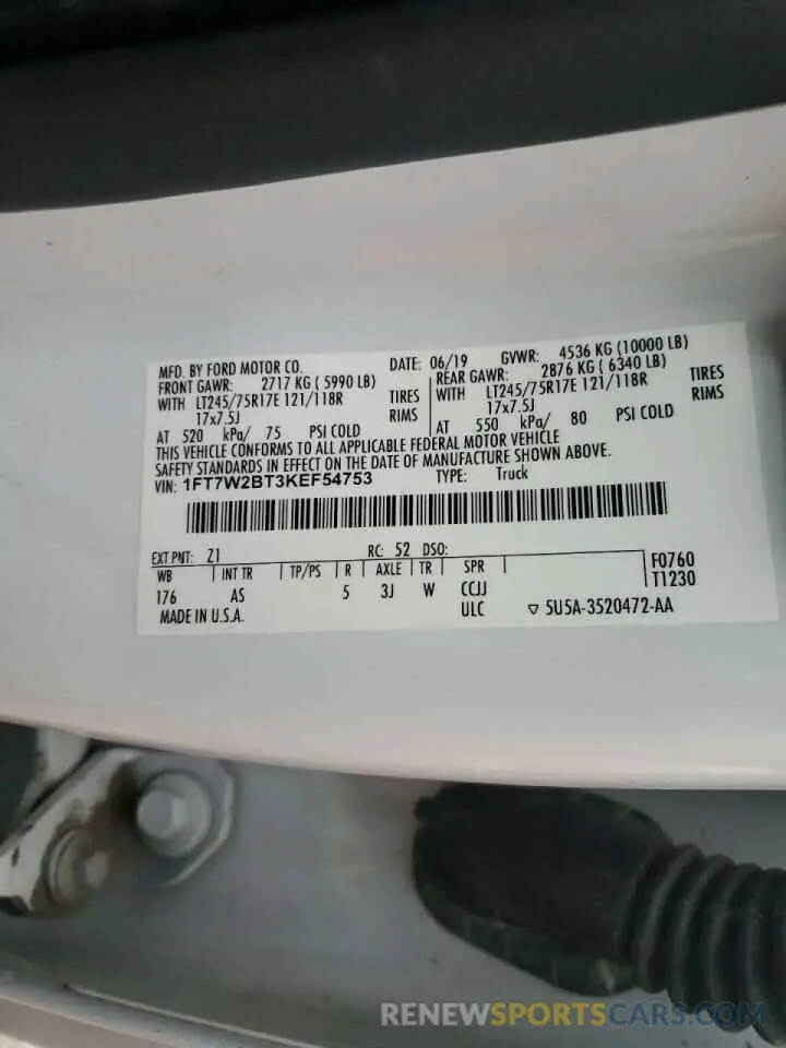 12 fotografías del automóvil dañado 1FT7W2BT3KEF54753 FORD F250 2019