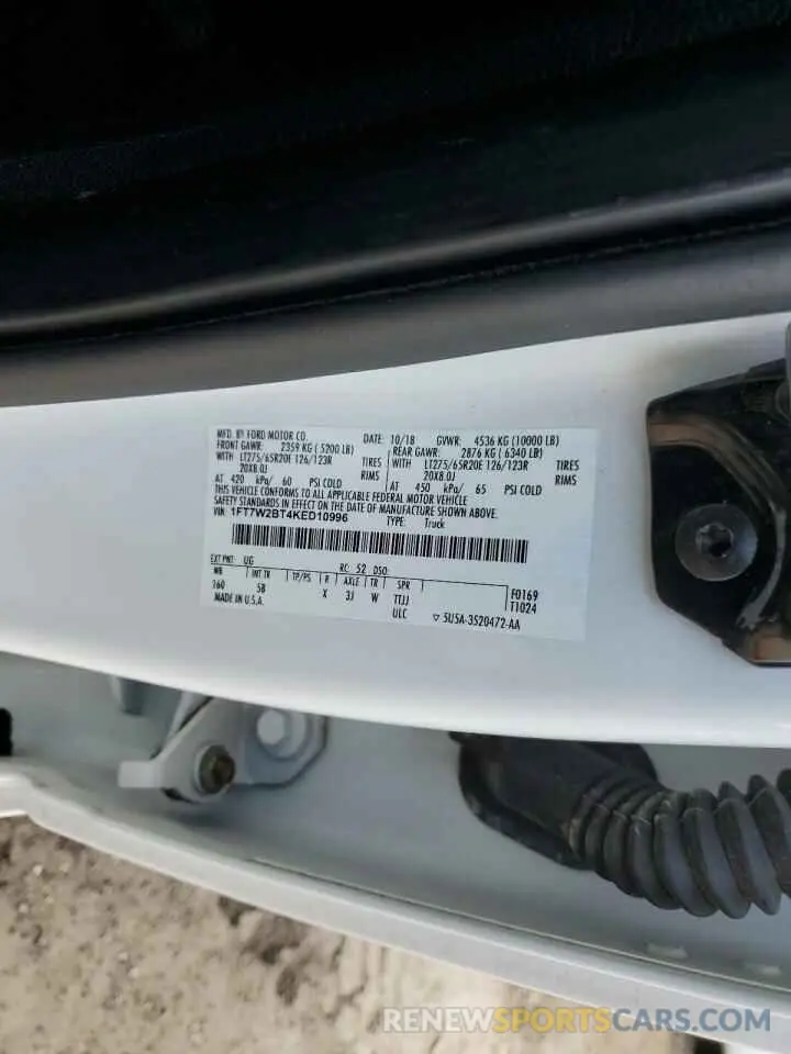 12 fotografías del automóvil dañado 1FT7W2BT4KED10996 FORD F250 2019