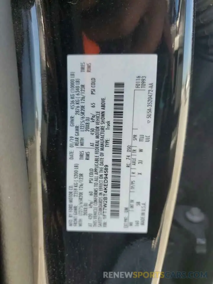 12 fotografías del automóvil dañado 1FT7W2BT4KED94589 FORD F250 2019