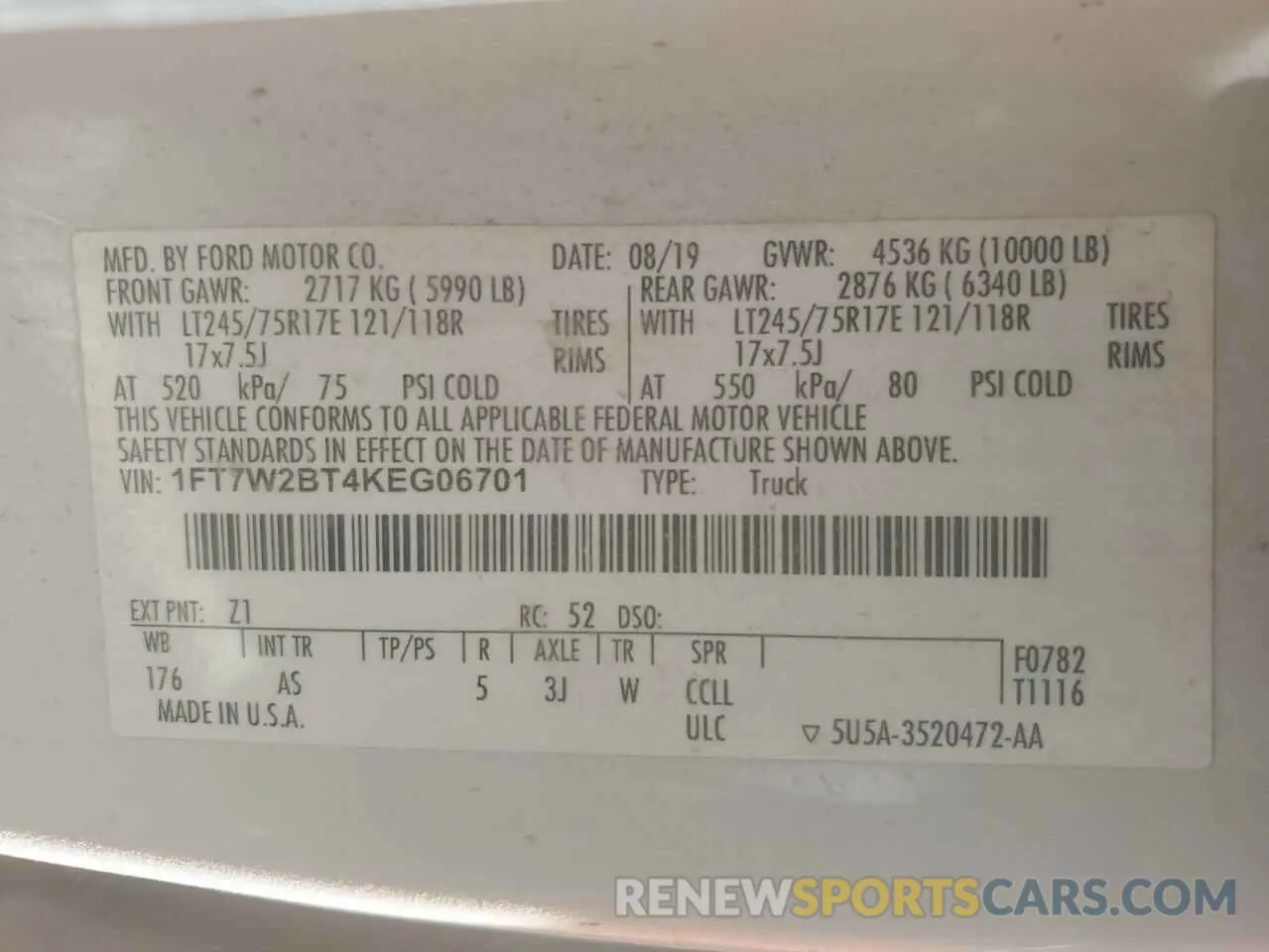 13 fotografías del automóvil dañado 1FT7W2BT4KEG06701 FORD F250 2019
