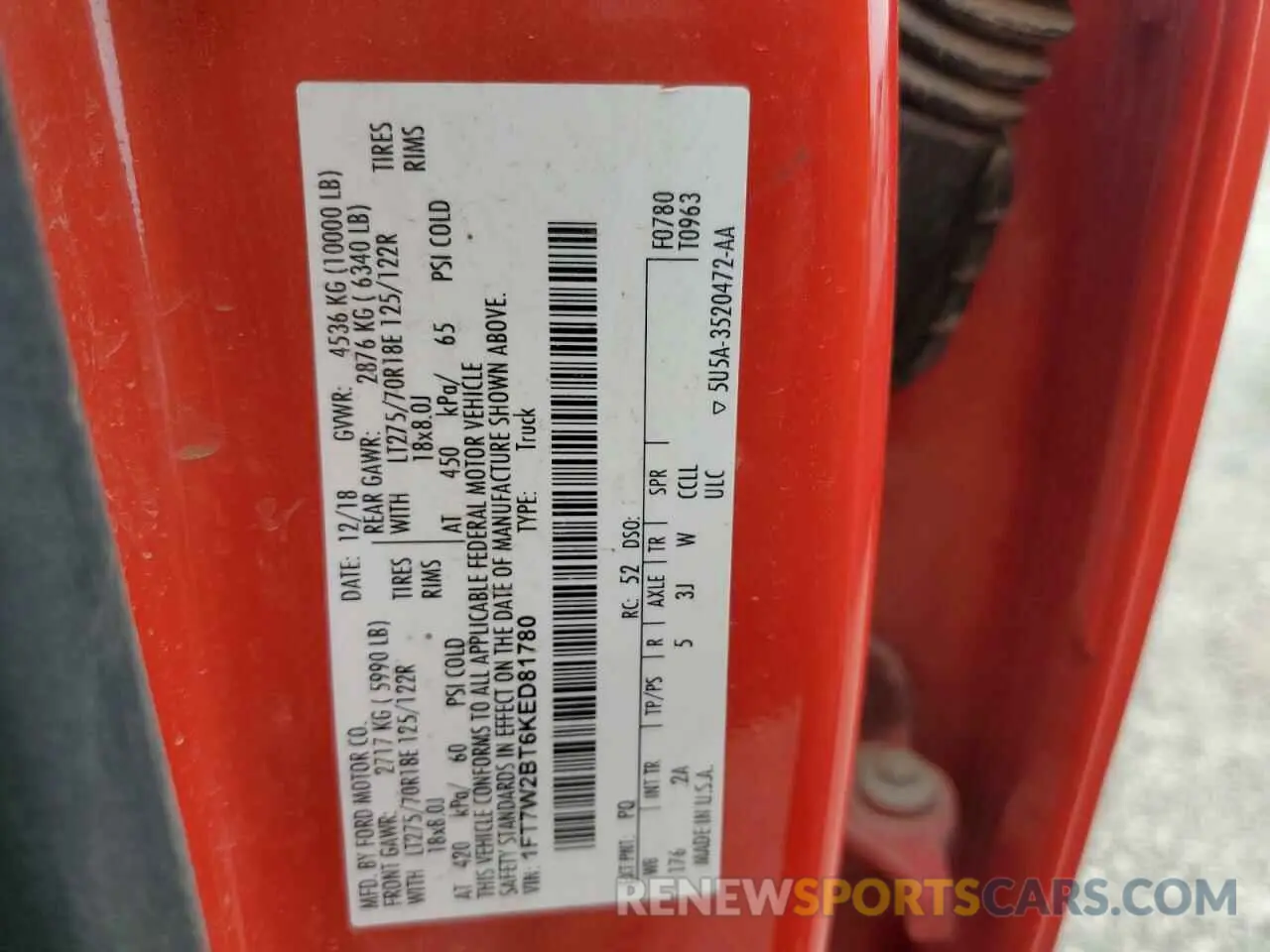 12 fotografías del automóvil dañado 1FT7W2BT6KED81780 FORD F250 2019