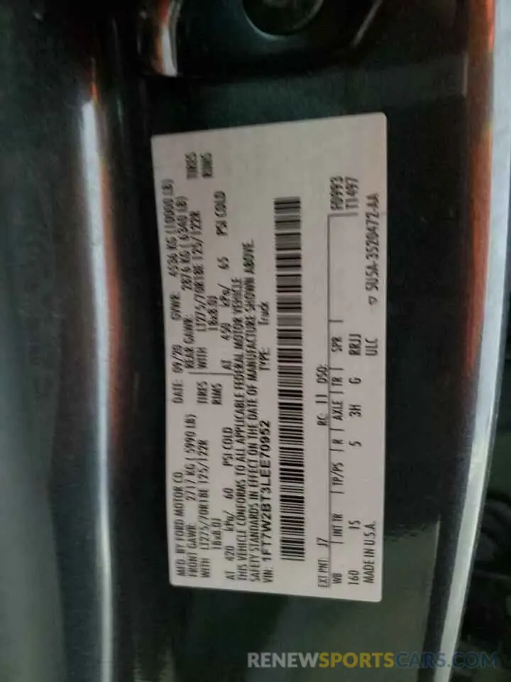 12 fotografías del automóvil dañado 1FT7W2BT3LEE70952 FORD F250 2020