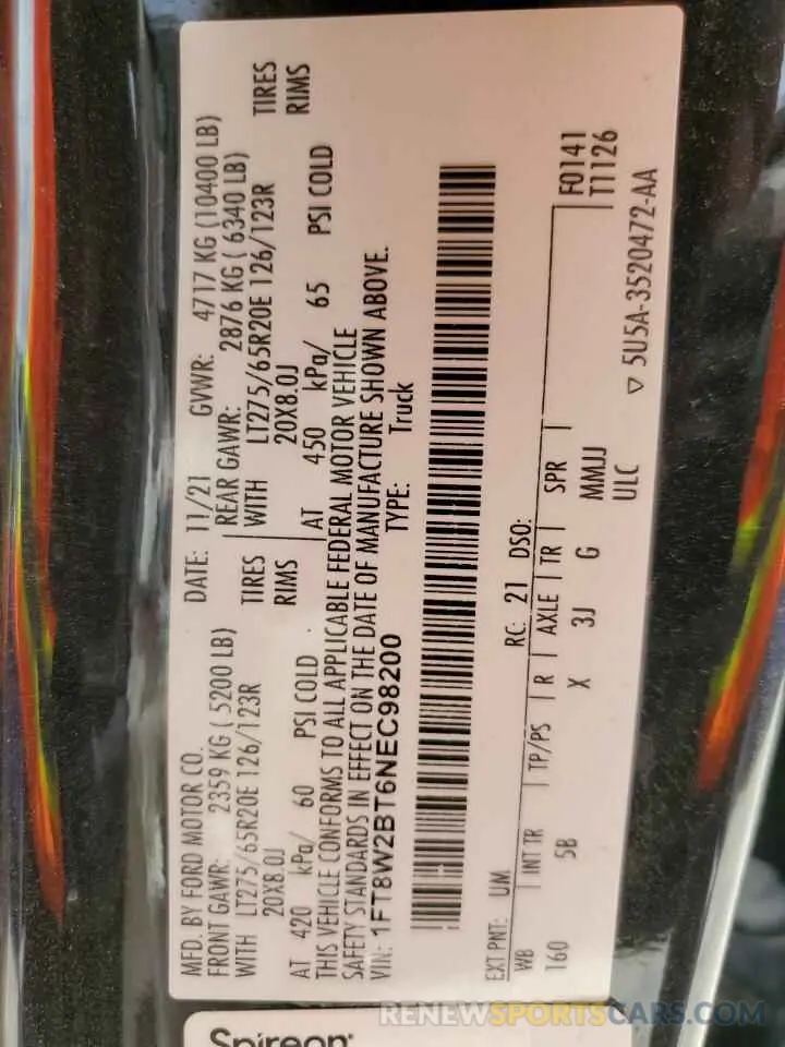 12 fotografías del automóvil dañado 1FT8W2BT6NEC98200 FORD F250 2022