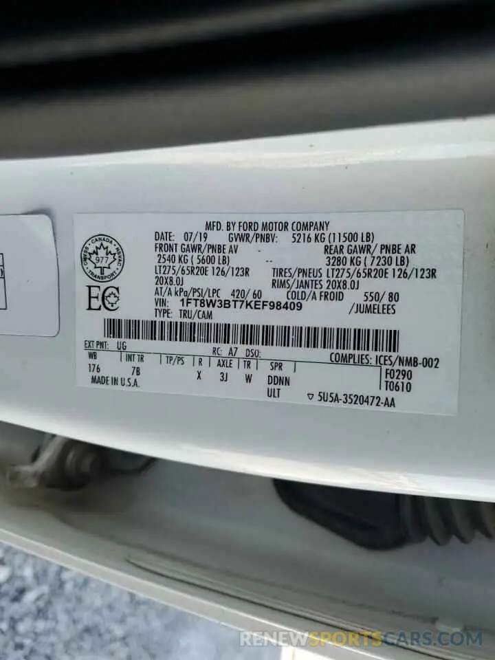 12 fotografías del automóvil dañado 1FT8W3BT7KEF98409 FORD F350 2019