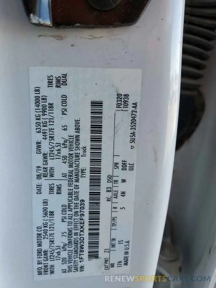 12 fotografías del automóvil dañado 1FT8W3DTXKEF97039 FORD F350 2019