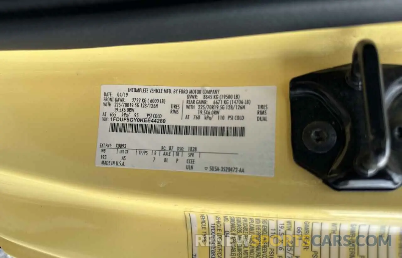 10 fotografías del automóvil dañado 1FDUF5GY0KEE44280 FORD F550 2019