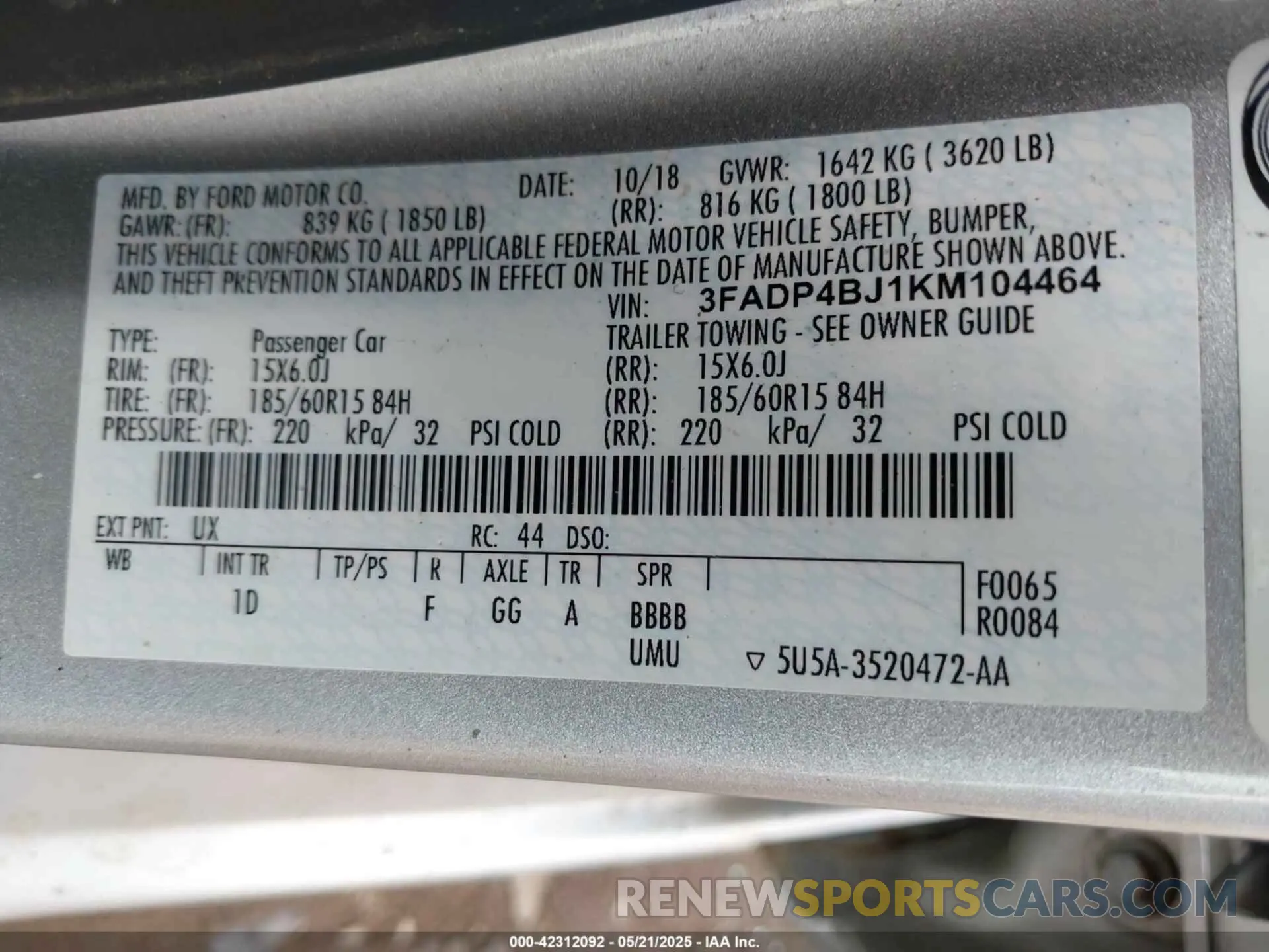 9 fotografías del automóvil dañado 3FADP4BJ1KM104464 FORD FIESTA 2019