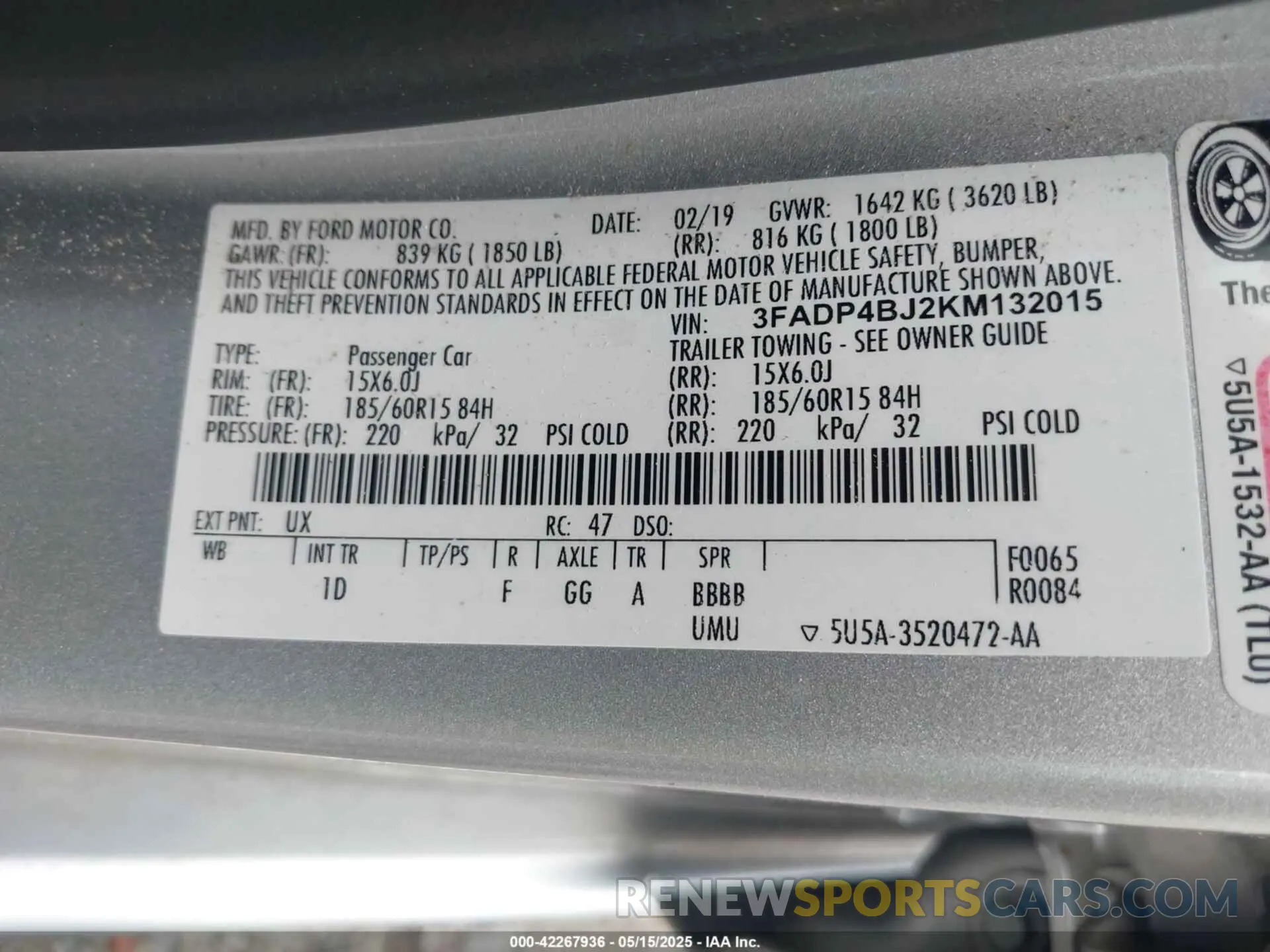 9 fotografías del automóvil dañado 3FADP4BJ2KM132015 FORD FIESTA 2019
