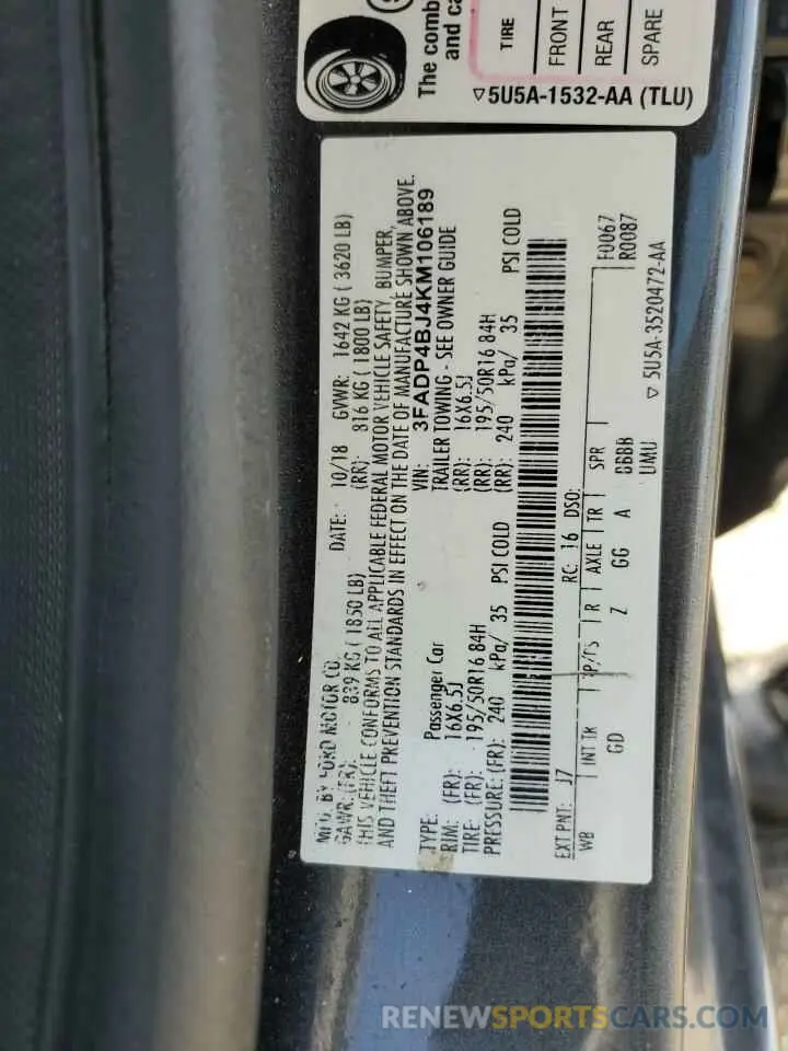 13 fotografías del automóvil dañado 3FADP4BJ4KM106189 FORD FIESTA 2019