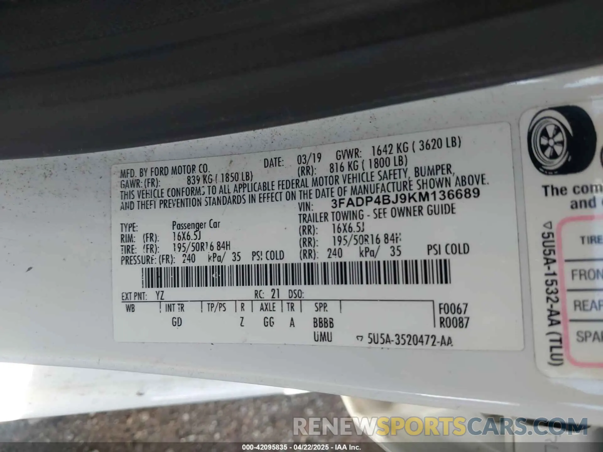 9 fotografías del automóvil dañado 3FADP4BJ9KM136689 FORD FIESTA 2019