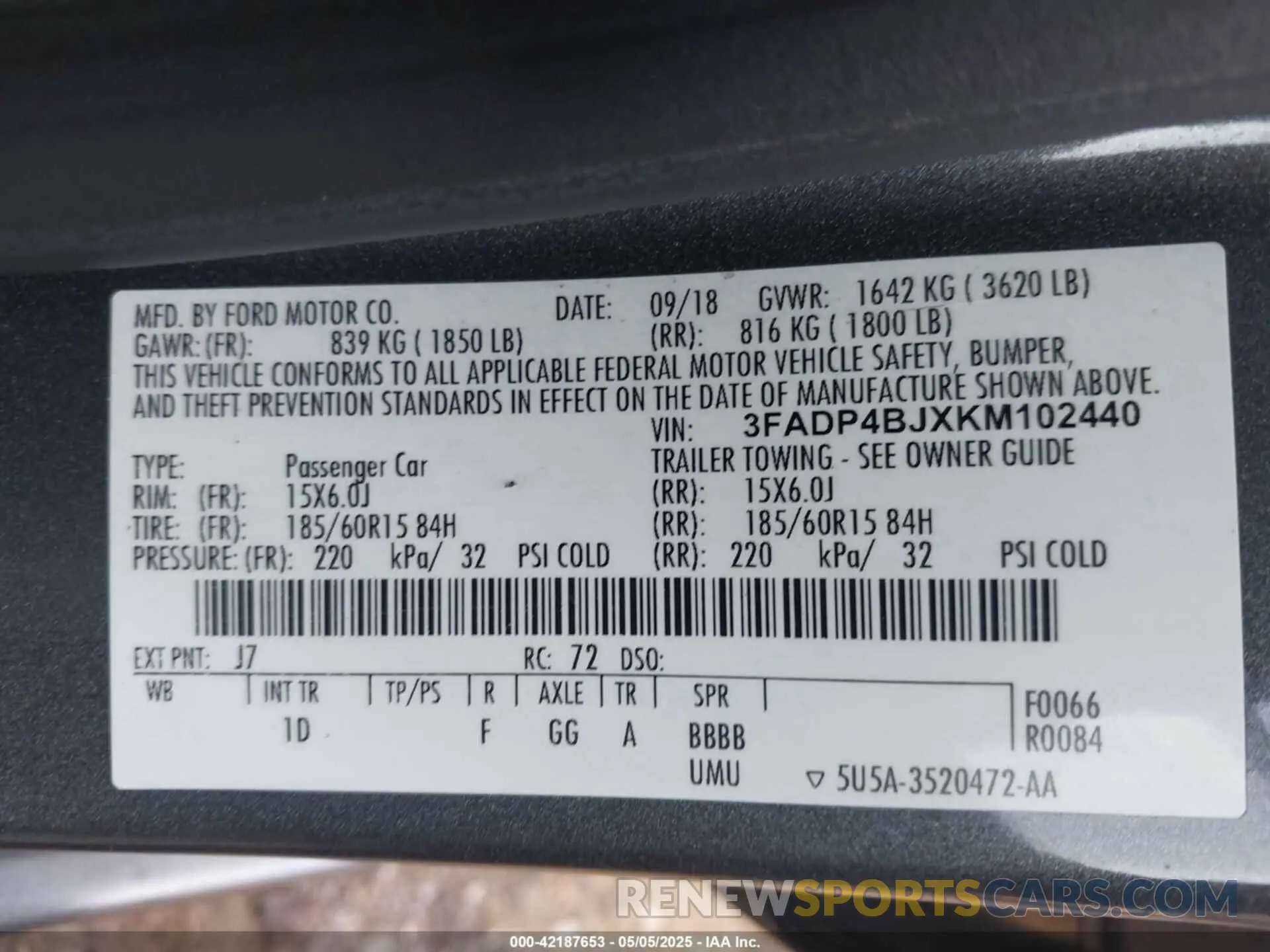 9 fotografías del automóvil dañado 3FADP4BJXKM102440 FORD FIESTA 2019