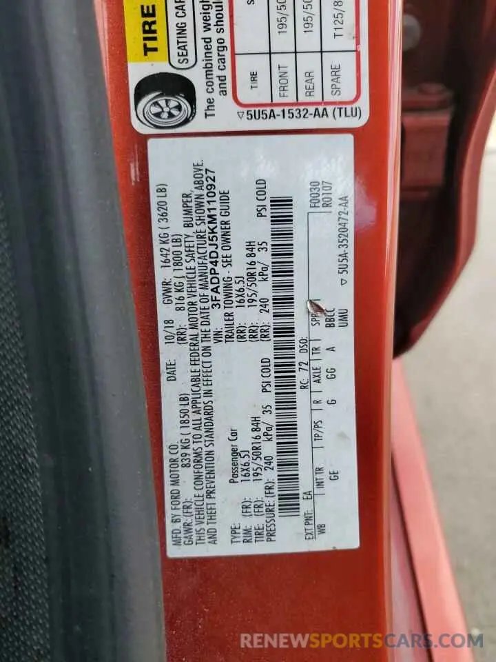 12 fotografías del automóvil dañado 3FADP4DJ5KM110927 FORD FIESTA 2019