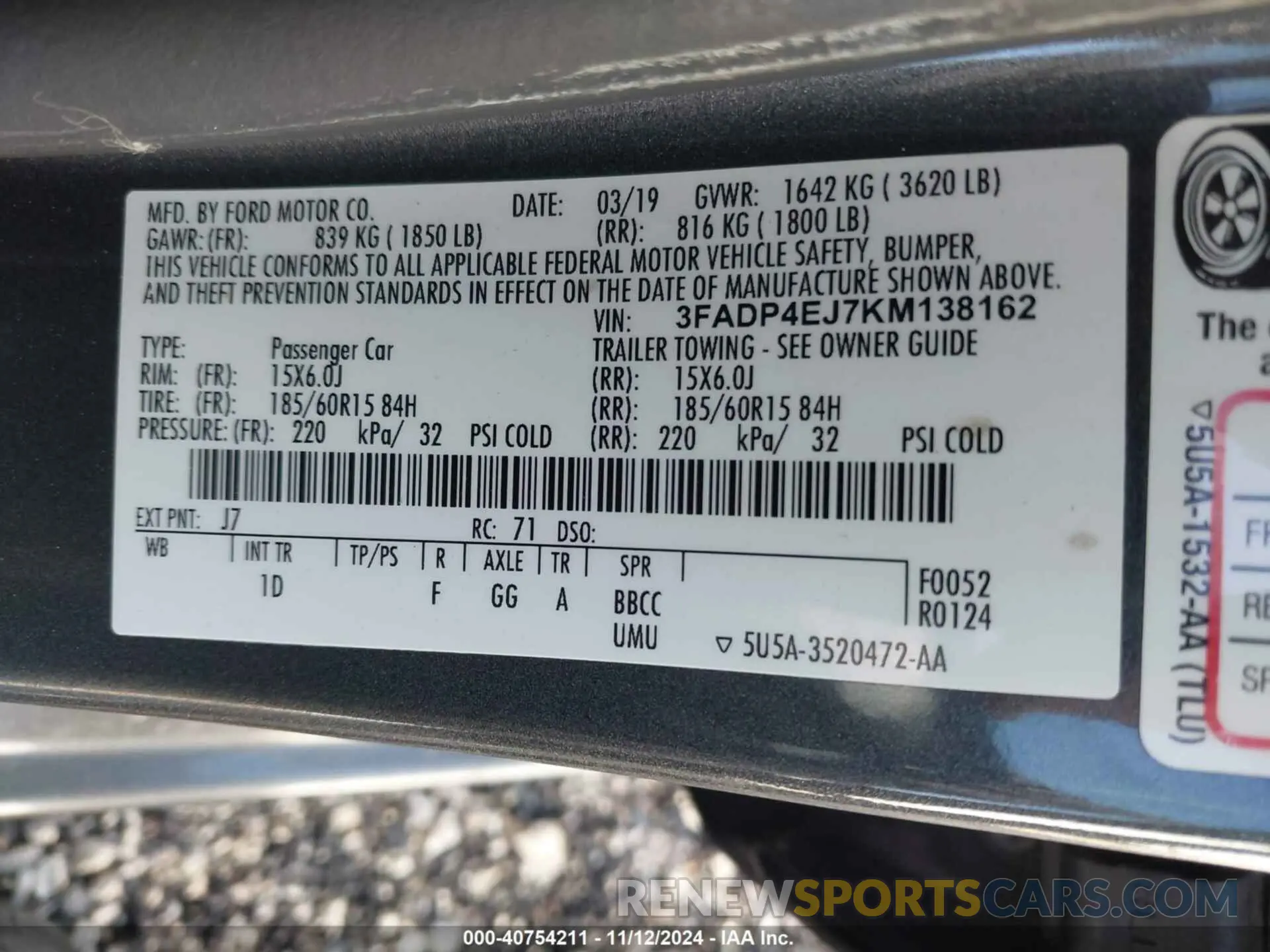 9 fotografías del automóvil dañado 3FADP4EJ7KM138162 FORD FIESTA 2019