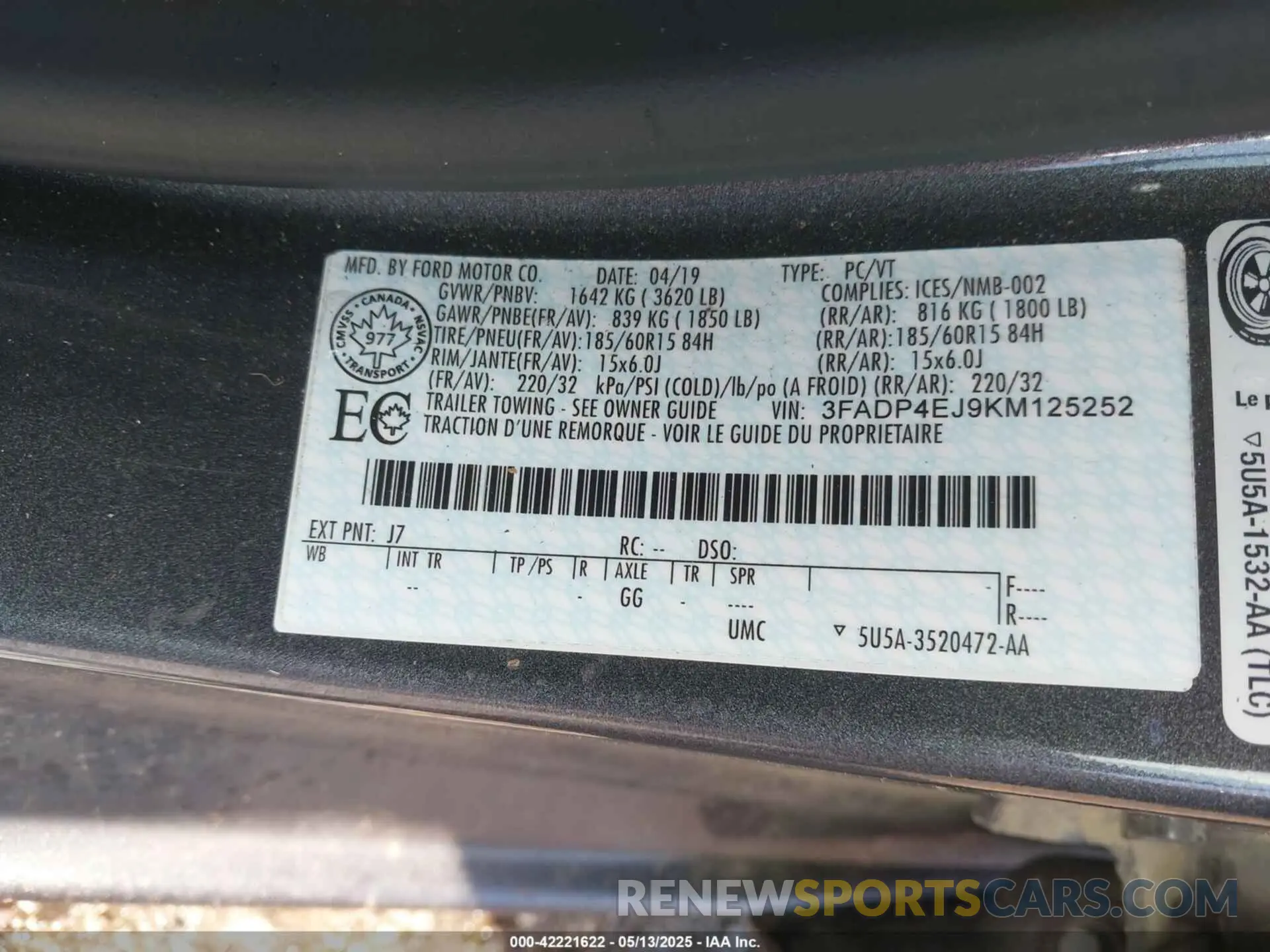 9 fotografías del automóvil dañado 3FADP4EJ9KM125252 FORD FIESTA 2019