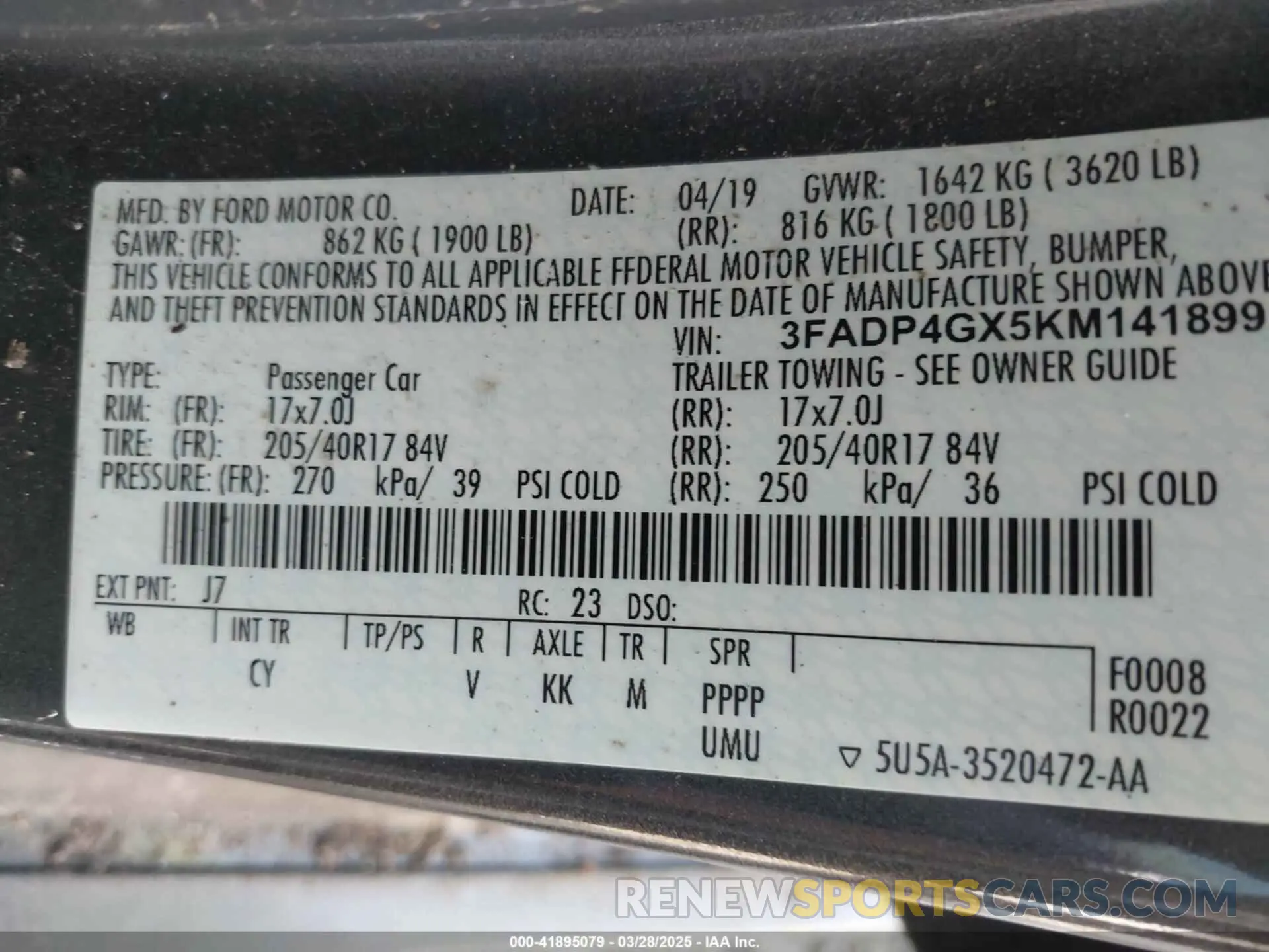 9 fotografías del automóvil dañado 3FADP4GX5KM141899 FORD FIESTA 2019
