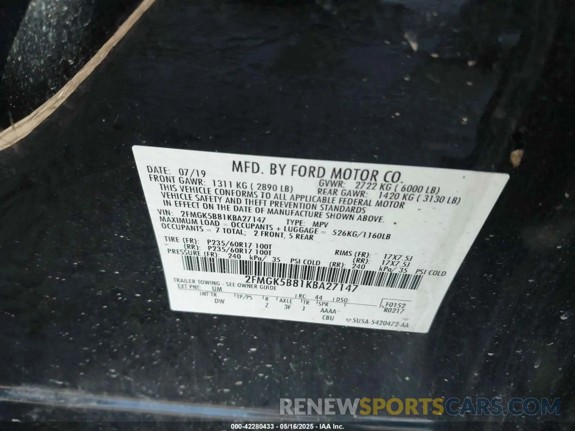 9 fotografías del automóvil dañado 2FMGK5B81KBA27147 FORD FLEX 2019