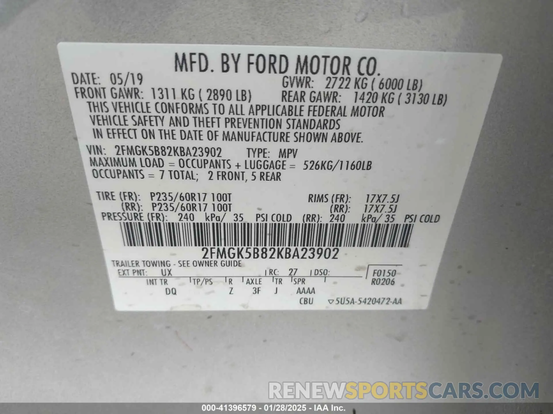 9 fotografías del automóvil dañado 2FMGK5B82KBA23902 FORD FLEX 2019