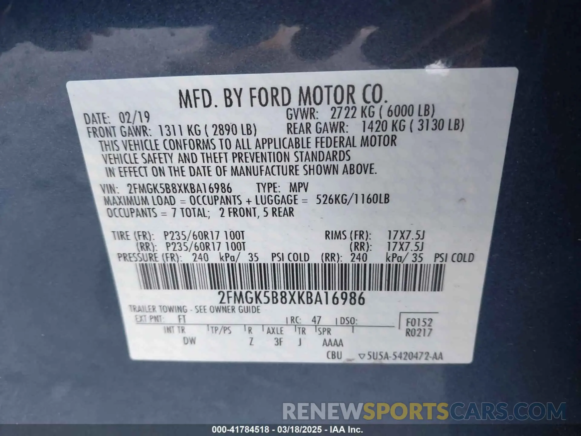 9 fotografías del automóvil dañado 2FMGK5B8XKBA16986 FORD FLEX 2019