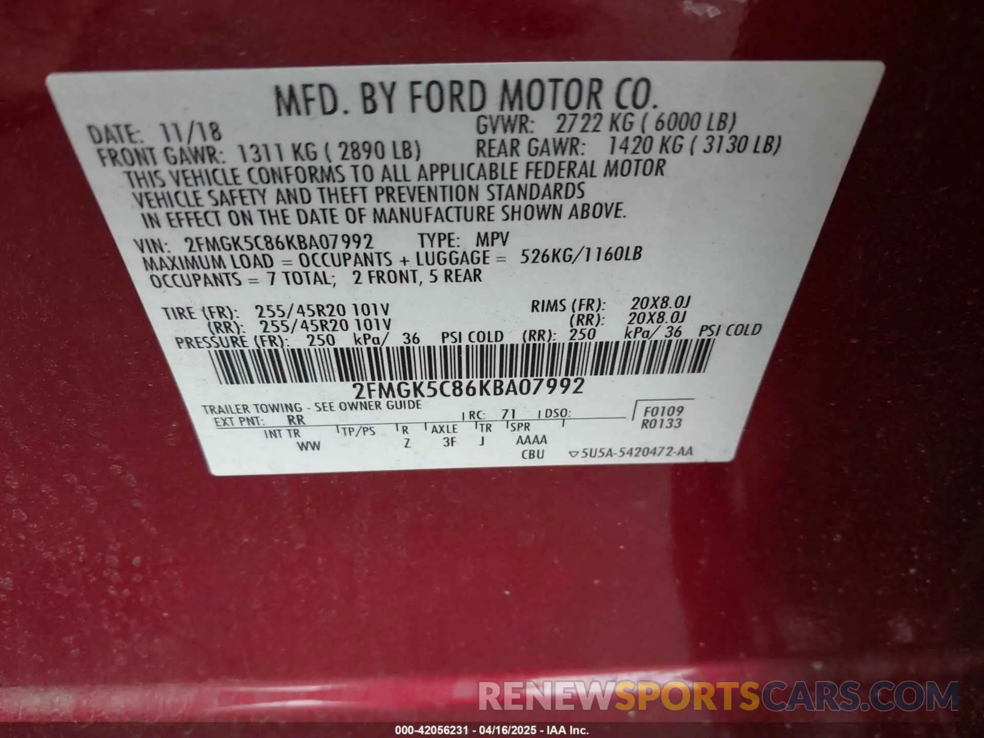 9 fotografías del automóvil dañado 2FMGK5C86KBA07992 FORD FLEX 2019