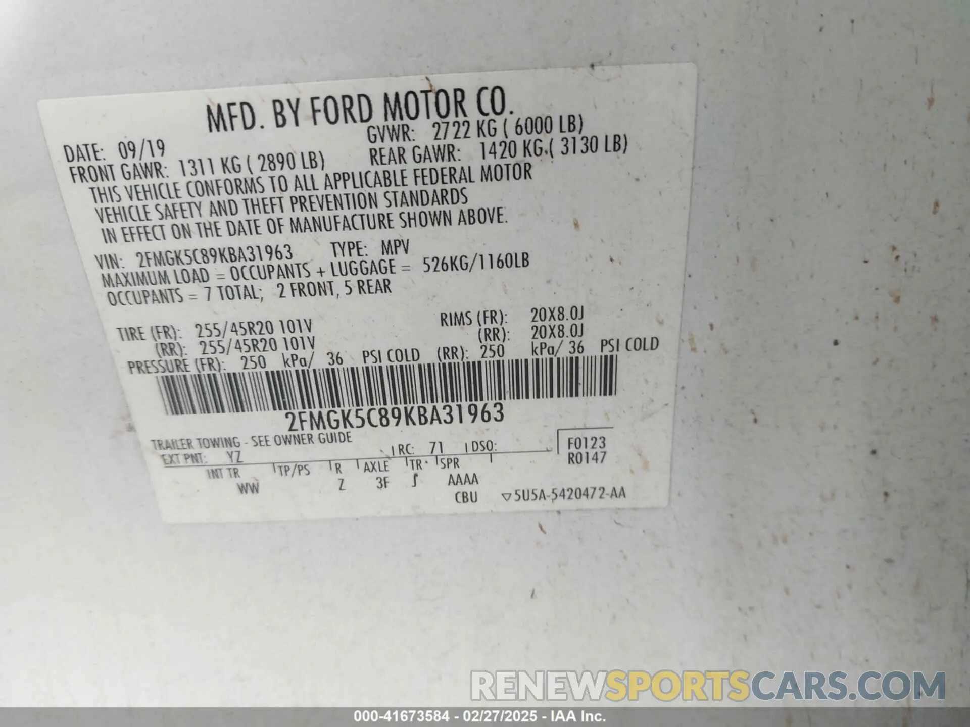 9 fotografías del automóvil dañado 2FMGK5C89KBA31963 FORD FLEX 2019